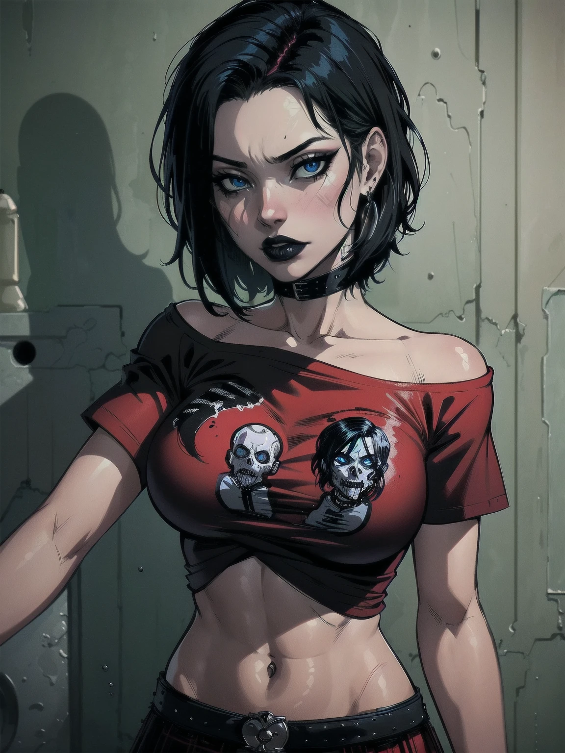 a woman with short black hair, hair on shoulders,  wearing a red t-shirt  and plaid skirt, blue eyes, zombie art, gothic art, cute aesthetic with vibe, toon aesthetic, wearing red costume, wearing gothic accessories, look like Cassie Hack, upper body, horror background