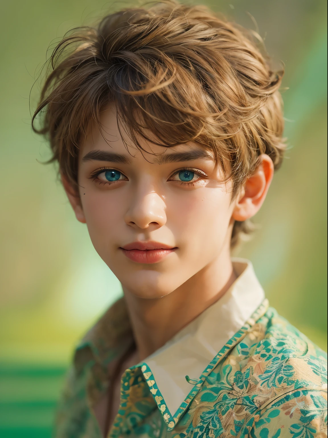 Retrato de la más alta calidad - 1 niño., 17 años, Adolescente, Pelo corto castaño claro, con hilos dorados, ojos grandes azul celeste, lago, Solo-focal facial treatment for Adolescenters, camisa desabrochada, Hermoso, sonriente, Realista, La pose dinámica es realista..., estructura facial detallada y correcta, Hermoso, extremadamente detallado, ángulo dinámico, tiro de vaquero, The Most Hermoso Shape, elegant, brillante colors, romanticismo, atmosférico. brillante, colores contrastantes ! retrato fotográfico de un chico guapo en la más alta calidad !