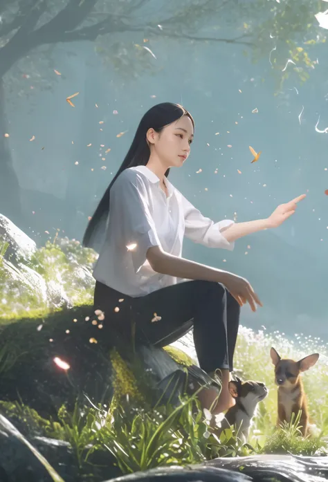 Rainy forest in spring，a woman wears white shirt and black pants，sits on grass and pets small animals，long black hair ,There are...