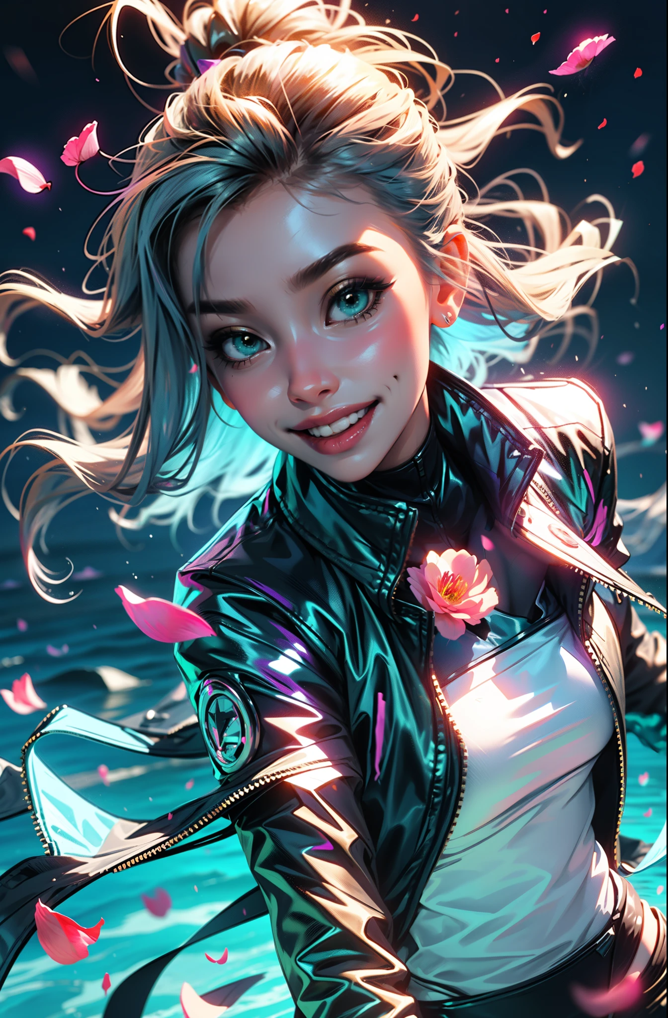 cyberpunk female woman wearing Denim Jacket with chromatic accents:1.1), sleek full bodysuit, (Petal Blush, Lagoon Blue color background:1.3), amazing smile, looking at camera, golden hour