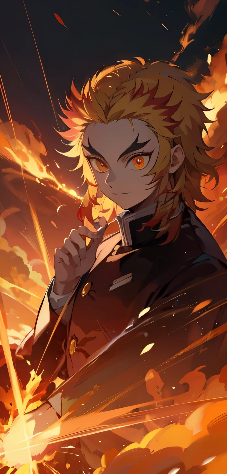 rengoku kyoujurou, 1 homem, inclinando-se para o espectador, visualizador de frente, postura de batalha, chamas, Vento, Luz brilhante, beautiful lighting, sorridente, determinate expression , segurando uma espada de fogo, olhos, tattoo illustration