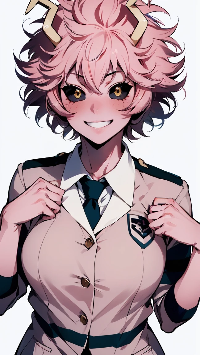 (best quality:1.3), (4k quality), 1 mature woman, Mina Ashido by boku no hero, school uniform, ((Detailed face)), (blush), whole body, large smile