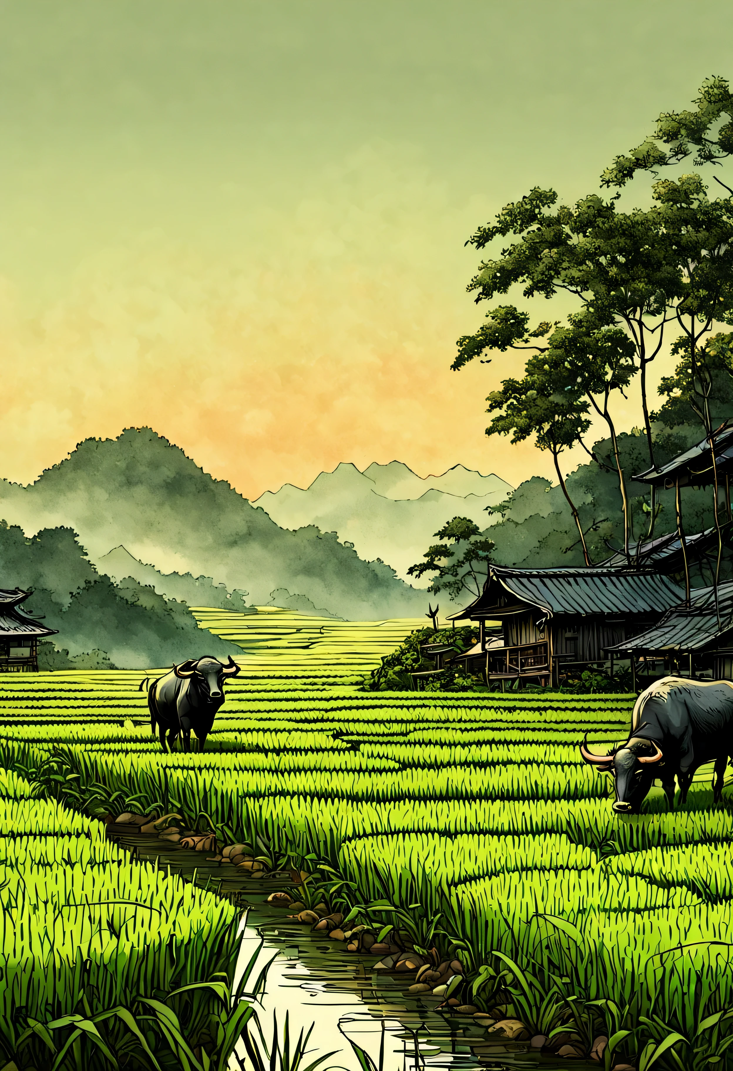 illustrate steep hillside rice paddy, rice plant field, intricate detailed rice growing, at the equilibrium marsh water level, a massive tired lazily water buffalo munches on a rice culm stem, wetlands candid lifestyle photography rotoscope hand made art, zen subtle perfection, sense of height and depth, shading from color grading, morning sunrise,
