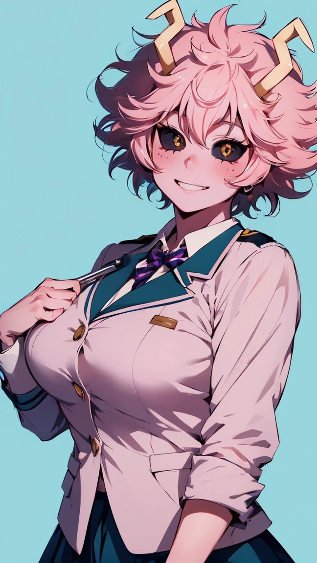 (best quality:1.3), (4k quality), 1 mature woman, Mina Ashido by boku no hero, school uniform, ((Detailed face)), (blush), whole body, large smile