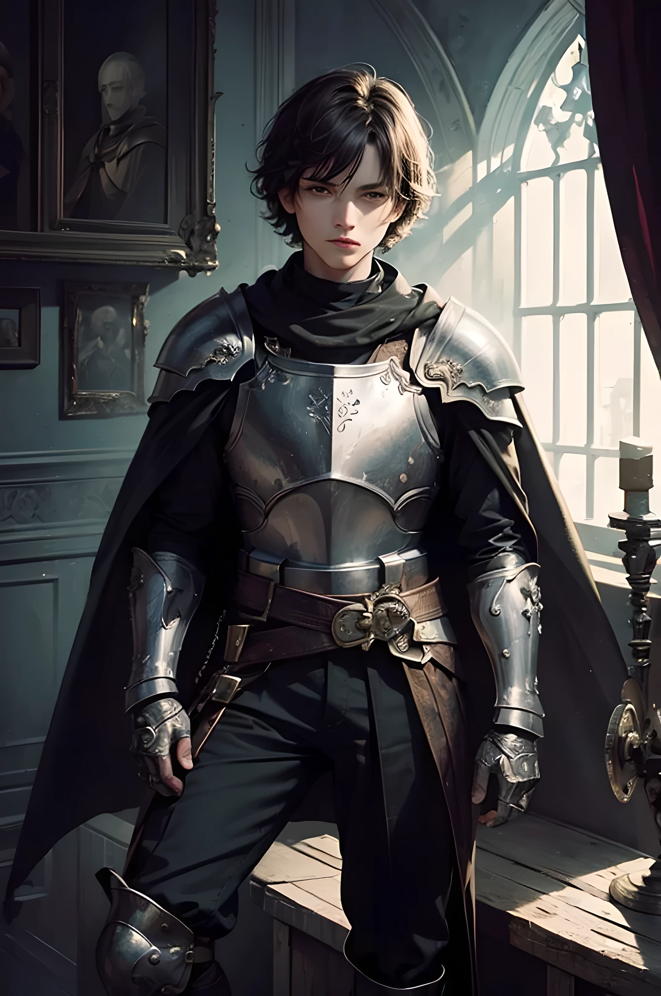 High resolution, highest quality, super detail, (detailed face) (detailed masterpiece), best quality, sad eyes, perfect face, 1 man, solo, very short hair, black eyes, knight, armor,  old cape, castle room, bare knee shot,