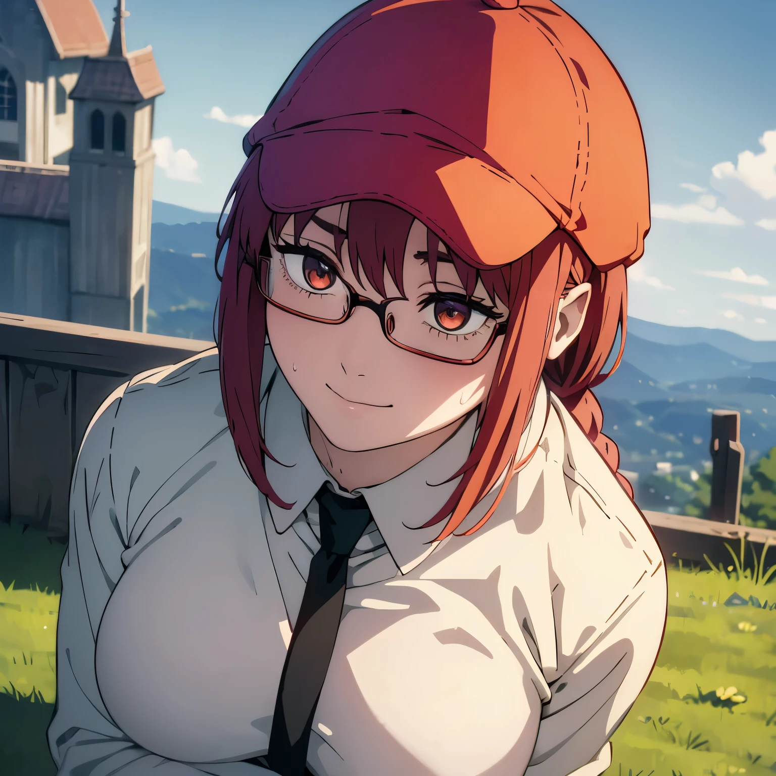 (masterpiece, best quality, high resolution, animescreencap, anime colored,), (perfect anatomy, beautiful detailed eyes, beautiful detailed body, beautiful breast, shiny skin), 1girl, red hair, twintails, ((braided twintailed)) medium breasts, smiling,orange eyes, ringed eyes,armpits, looking at viewer, ((white long sleeves )), ((wet skin)),((looking from up above )), ((outdoors)), ((sweaty body)),((church background)), ((red baseball cap)), (( black eyeglasses))