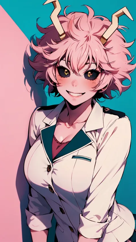 (best quality:1.3), (4k quality), 1 mature woman, mina ashido by boku no hero, school uniform, ((detailed face)), (blush), whole...