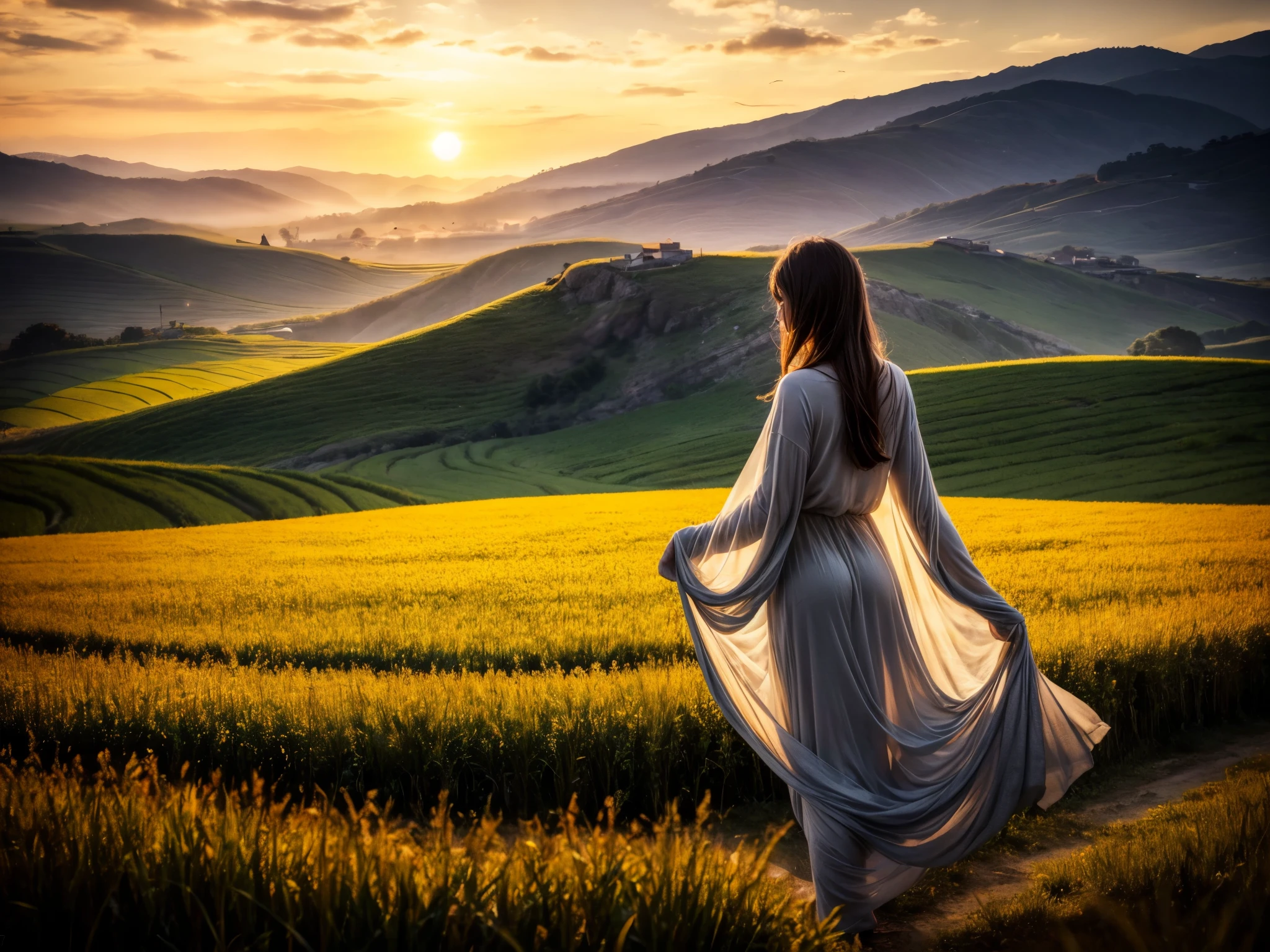 (best quality,4k,8k,highres,masterpiece:1.2),ultra-detailed,(realistic,photorealistic,photo-realistic:1.37),rice field, peaceful rural landscape, terraced fields, sunset, sky and sea, girl looking at the sun setting into the sea, autumn, rice is ripening, beautiful detailed eyes, beautiful detailed lips, extremely detailed eyes and face, long eyelashes, tranquil atmosphere, golden colors, warm sunlight, gentle breeze, serenity, glowing horizon, vibrant colors, soft silhouettes, fields stretching into the distance, stunning natural beauty, shimmering water reflections, serene rural life, flowing gradients, picturesque scenery, vast expanse of fields, tranquility, harmony with nature, melted gold, a sense of tranquility and peace, fine lines and textures, abundance of nature, bountiful harvest, a touch of nostalgia, layers of terraces, ethereal beauty, a moment of reflection.