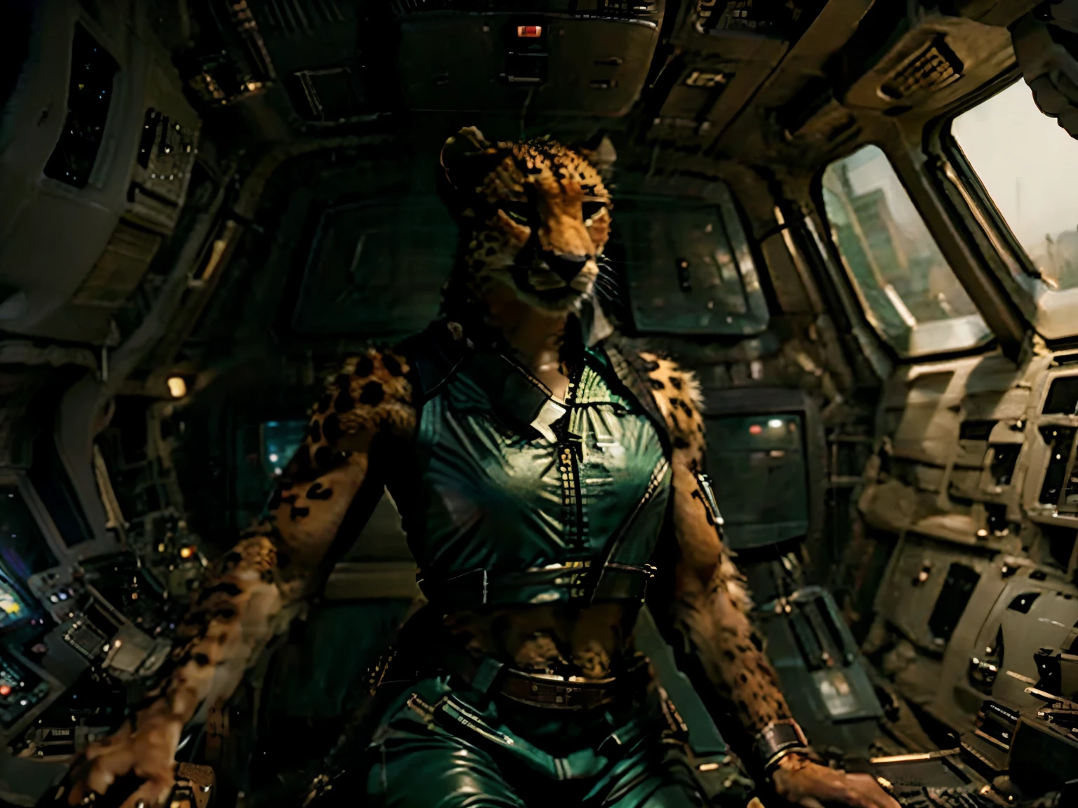 (male anthropomorphic cheetah in a flight suit), photo realistic anthro cheetah pilot in a space ship, hyper realistic cheetah, spaceship interior, space carrier interior, masterpiece, futuristic carrier scene, cheetah fighter pilot, hyper realistic cheetah pilot in a spaceship