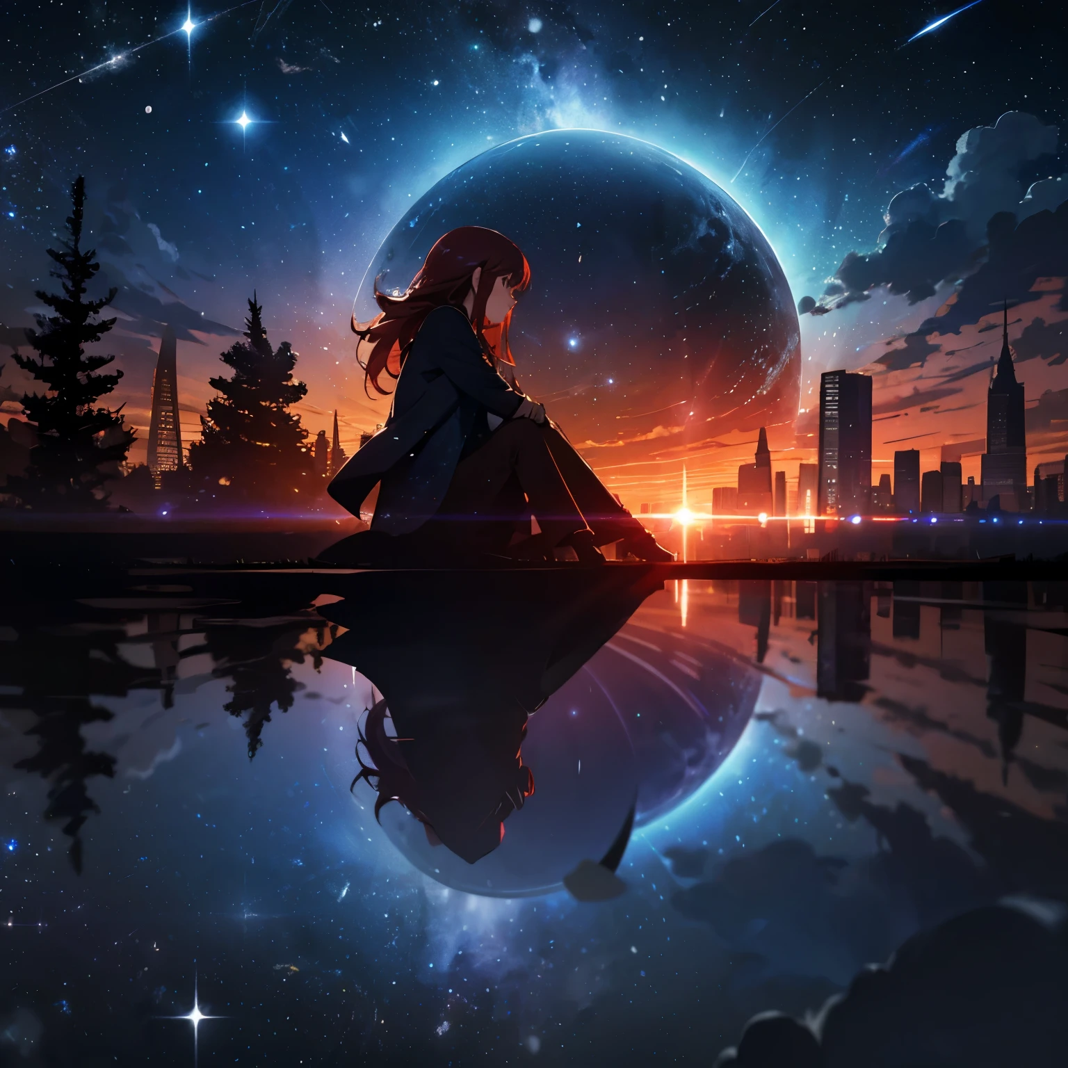 sky, star (sky), scenery, starry sky, night, 1girl, night sky, solo, outdoors, building, cloud, milky way, sitting, tree, long red hair, city, silhouette, cityscape, stars into circle in the sky.