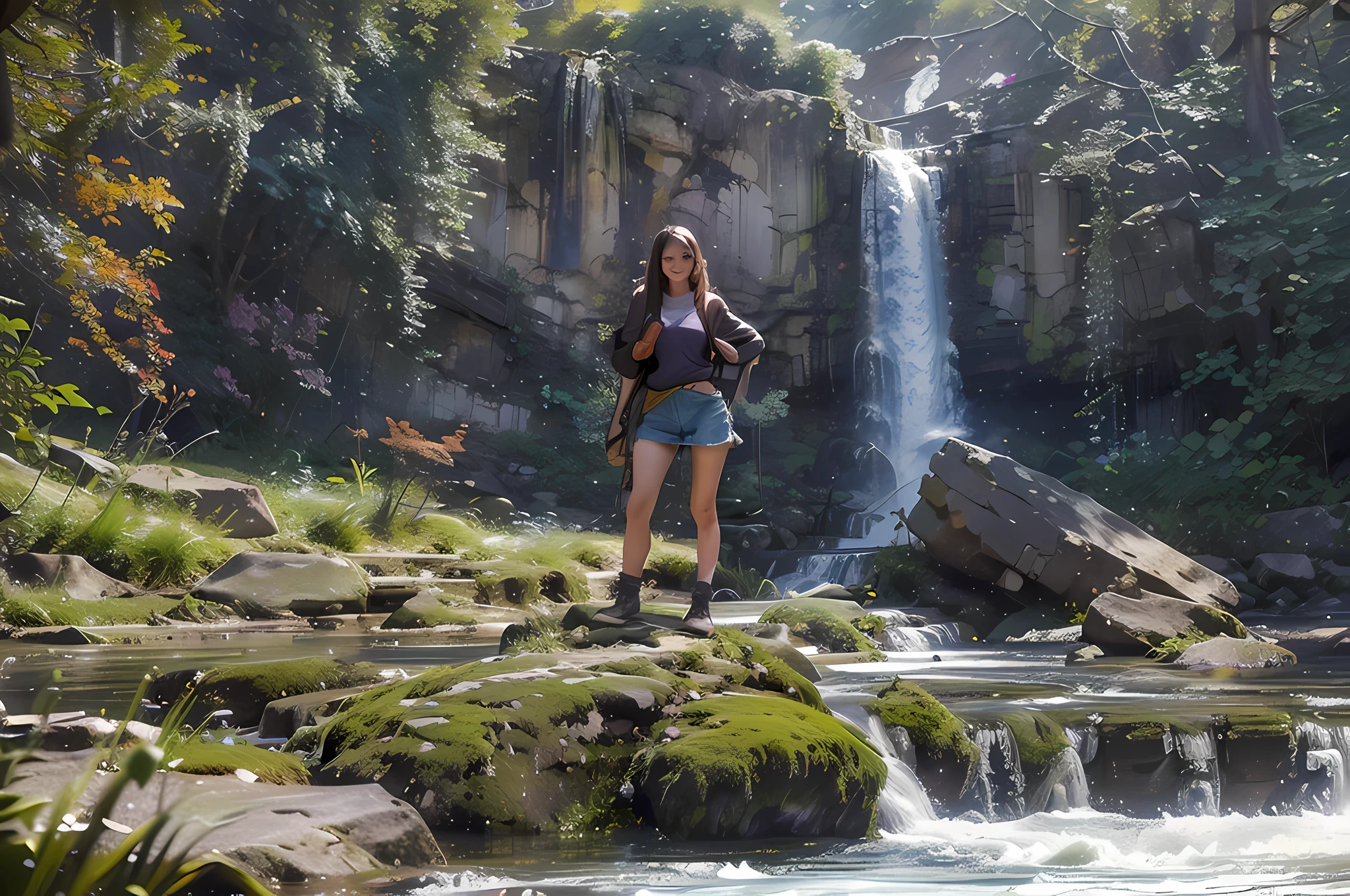 Hohe Detailliertheit, 8K, Ultra HD, gute Qualität, Anime-Studio, Erstellen Sie ein Bild reslict, beste Beleuchtung , Wasserfall wunderschön, Perfektes Licht, Tageslicht, Neblige Unschärfe, Träumerfarbe , Mädchen mit Rucksack, Mädchen stehen,