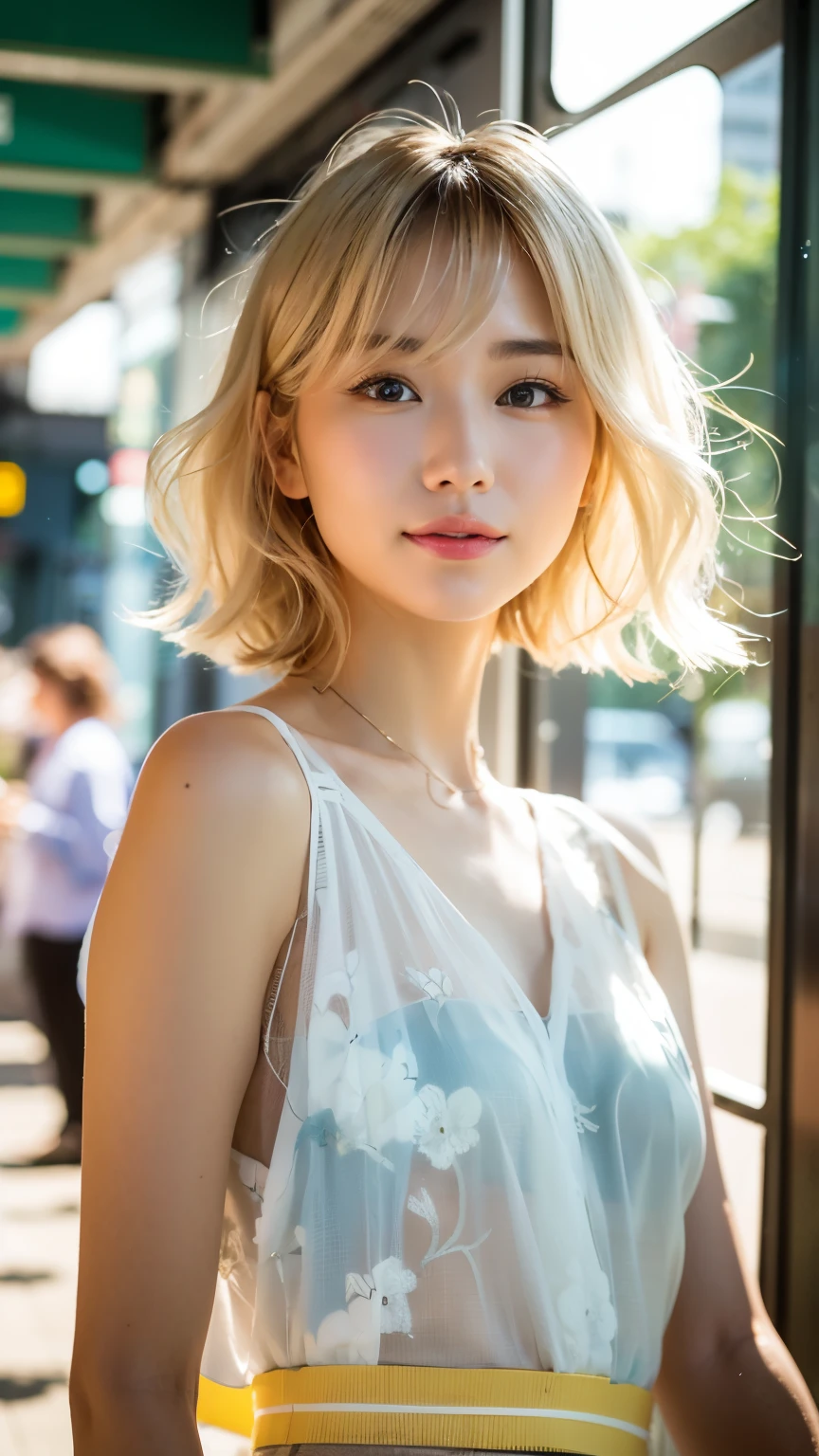 Lovely Asian woman, woman in white dress posing, portrait by Miwa Komatsu, pixiv, orphism, white background, clean, studio portrait, semi short outside hair, down style hair, bleached hair, blonde hair, (pale light blue color) a fresh breeze into everyday life,. The world of color is infinite (urban). Smile, raw photo, 20 years old, 4K