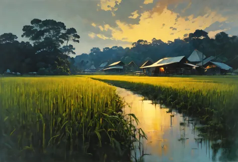 art by Aries Moross,art by Bob Byerley, landscape of a Metallic Rice paddy, at Dusk, AshleyWoodArtAI, Greg Rutkowski