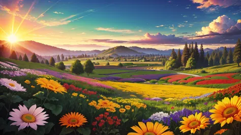 A landscape full of flowers with a beautifull sun