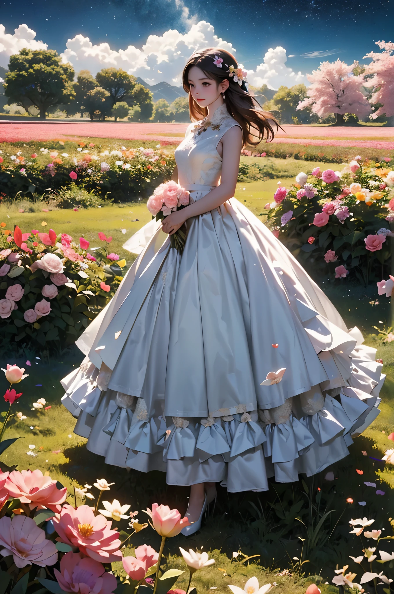 有A girl stands in the flower field仰望天空, A girl stands in the flower field, A girl walks in a flower field, Get lost in a dreamy wonderland, Standing in the flower field, fantastic numbers, The sky is gradually clearing up, The starry sky gradually receded