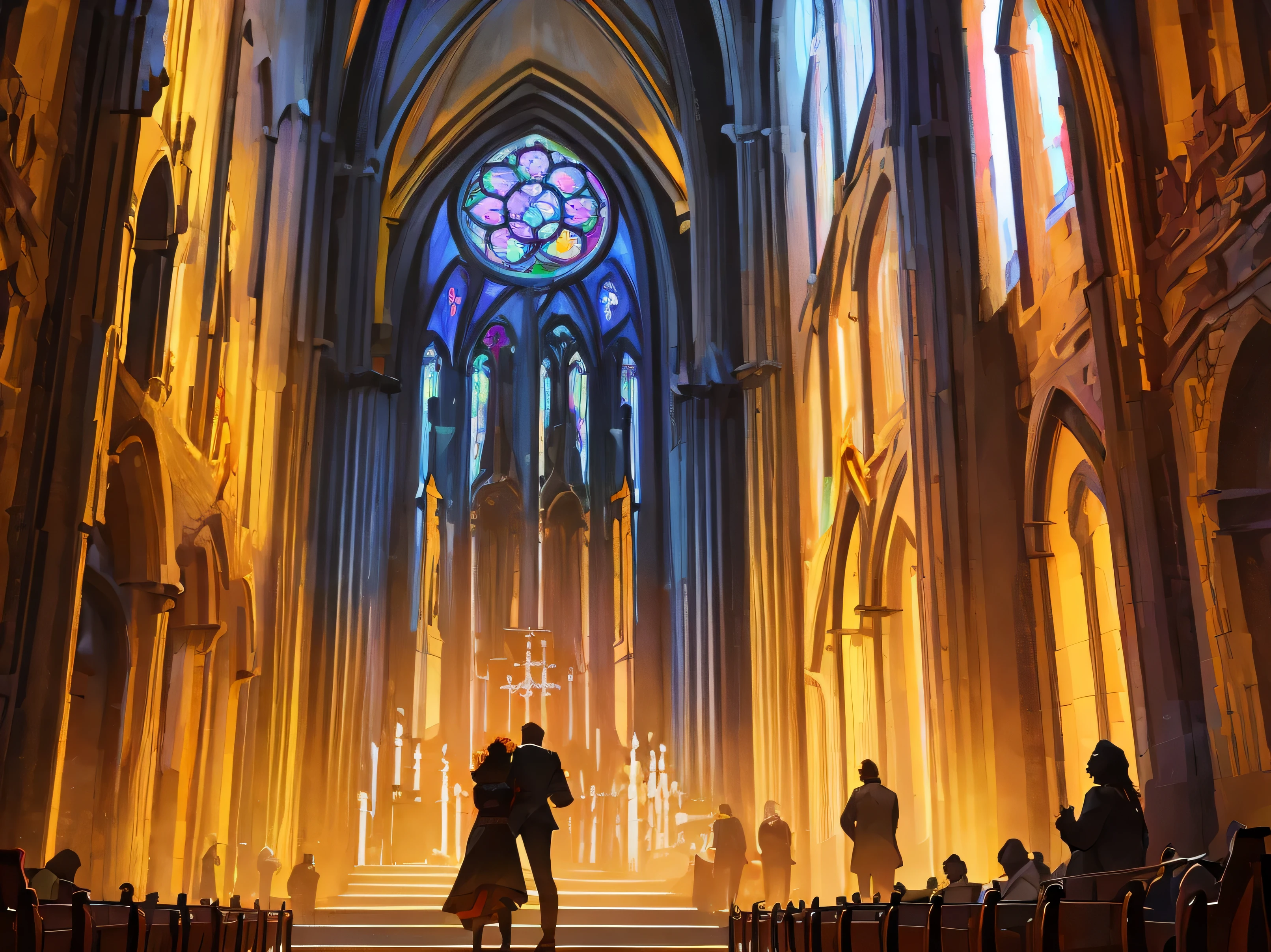 (Masterpiece, top quality, Best quality,Official art, beautiful and aesthetically pleasing:1.2), leading lines, light transmission BREAK bright colors, Gothic cathedral in black-brown-orange palette, stained glass windows, magical light, shiny dust particles, antique statues, altar with flowers