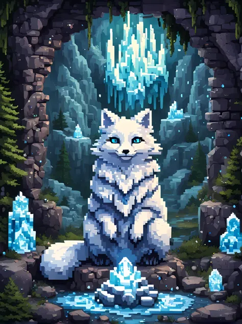 Pixel art, a formidable yet endearing arctic fox wizard sitting upon a frozen rock near a mystical cave entrance, wearing an int...