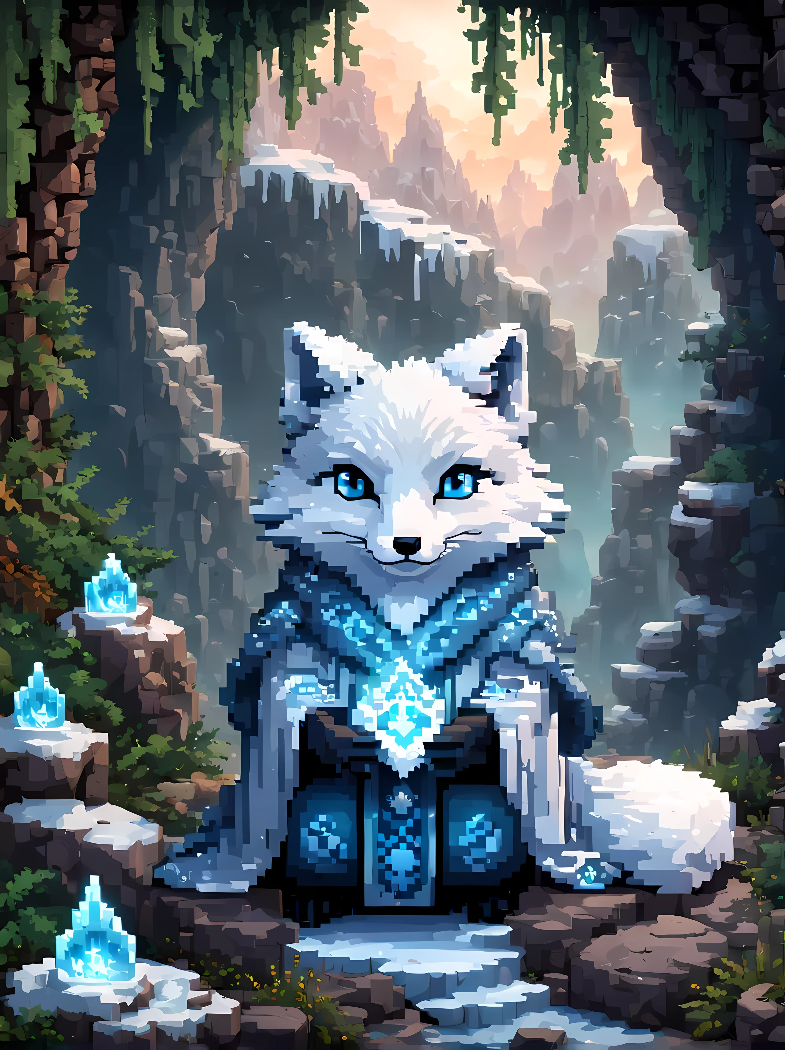A formidable yet endearing arctic fox warrior stands proudly inside a cozy igloo, wearing an intricately designed armor made from shimmering ice crystals, vivid blue eyes, exuding a strength and resilience. | The igloo is richly decorated with intricate ice carvings depicting ancient symbols of power and protection, exuding mystique and enchantment. | A crackling fire pit in the center emits a cozy warmth, casting flickering shadows on the ice wallasterpiece in maximum 16K resolution, superb quality. | ((More_Detail))