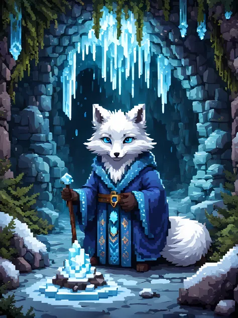 Pixel art, a formidable yet endearing arctic fox (wizard) sitting upon a frozen rock near a mystical cave entrance, wearing an i...