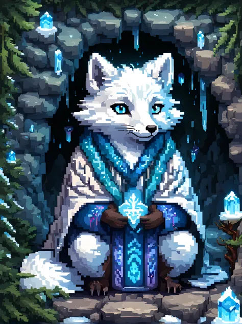 Pixel art, a formidable yet endearing arctic fox (wizard) sitting upon a frozen rock near a mystical cave entrance, wearing an i...