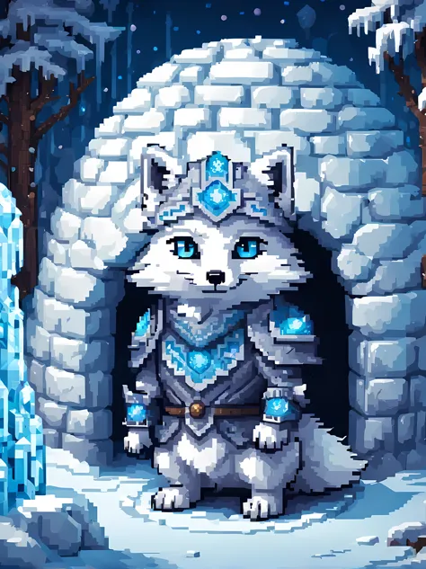Pixel art, a formidable yet endearing arctic fox (warrior) stands proudly inside a cozy igloo, wearing an (intricately designed ...