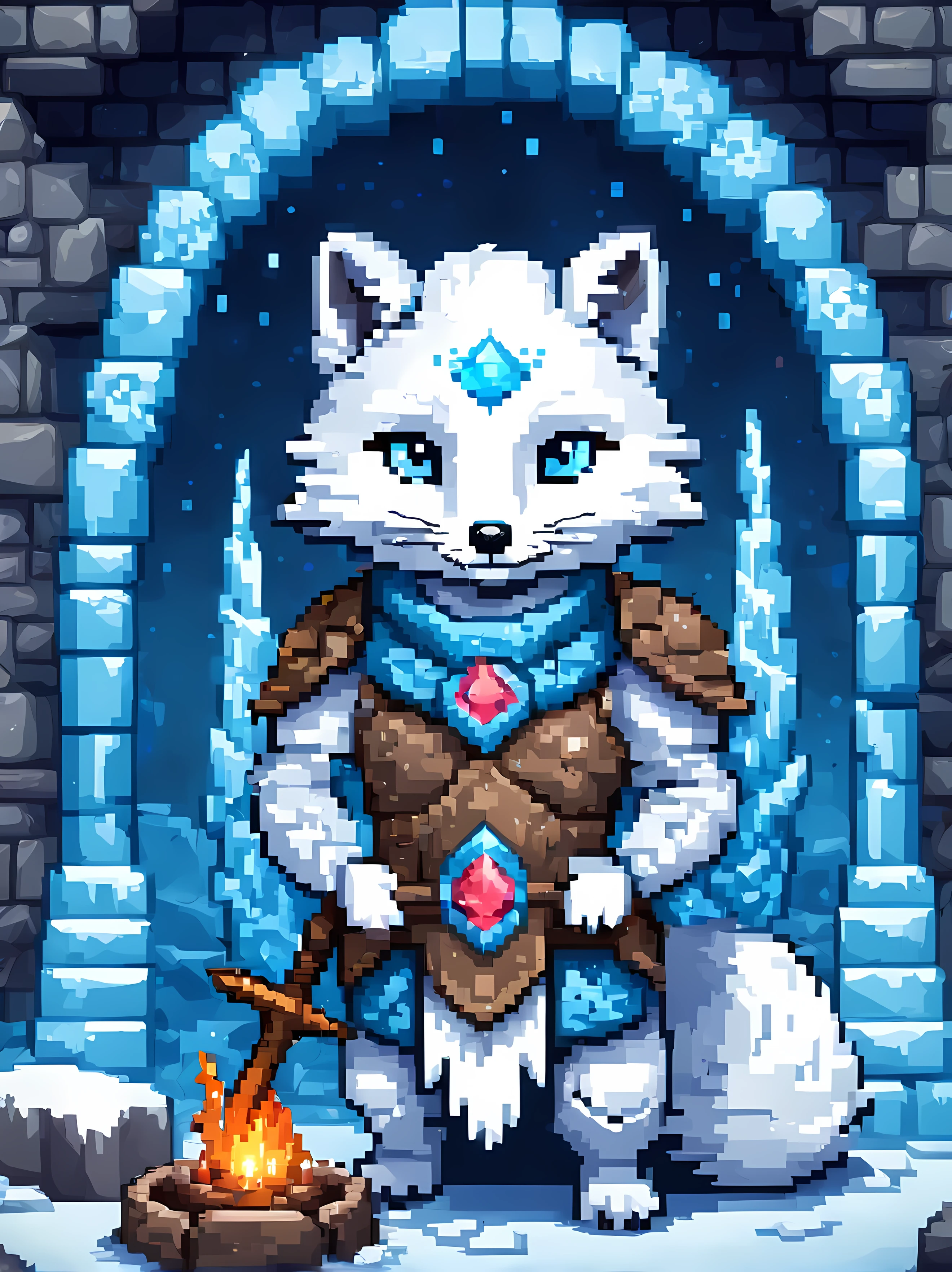 A formidable yet endearing arctic fox warrior stands proudly inside a cozy igloo, wearing an intricately designed armor made from shimmering ice crystals, vivid blue eyes, exuding a strength and resilience. | The igloo is richly decorated with intricate ice carvings depicting ancient symbols of power and protection, exuding mystique and enchantment. | A crackling fire pit in the center emits a cozy warmth, casting flickering shadows on the ice wallasterpiece in maximum 16K resolution, superb quality. | ((More_Detail))