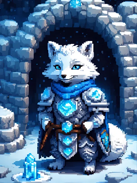 Pixel art, a formidable yet endearing arctic fox (warrior) stands proudly inside a cozy igloo, wearing an (intricately designed ...