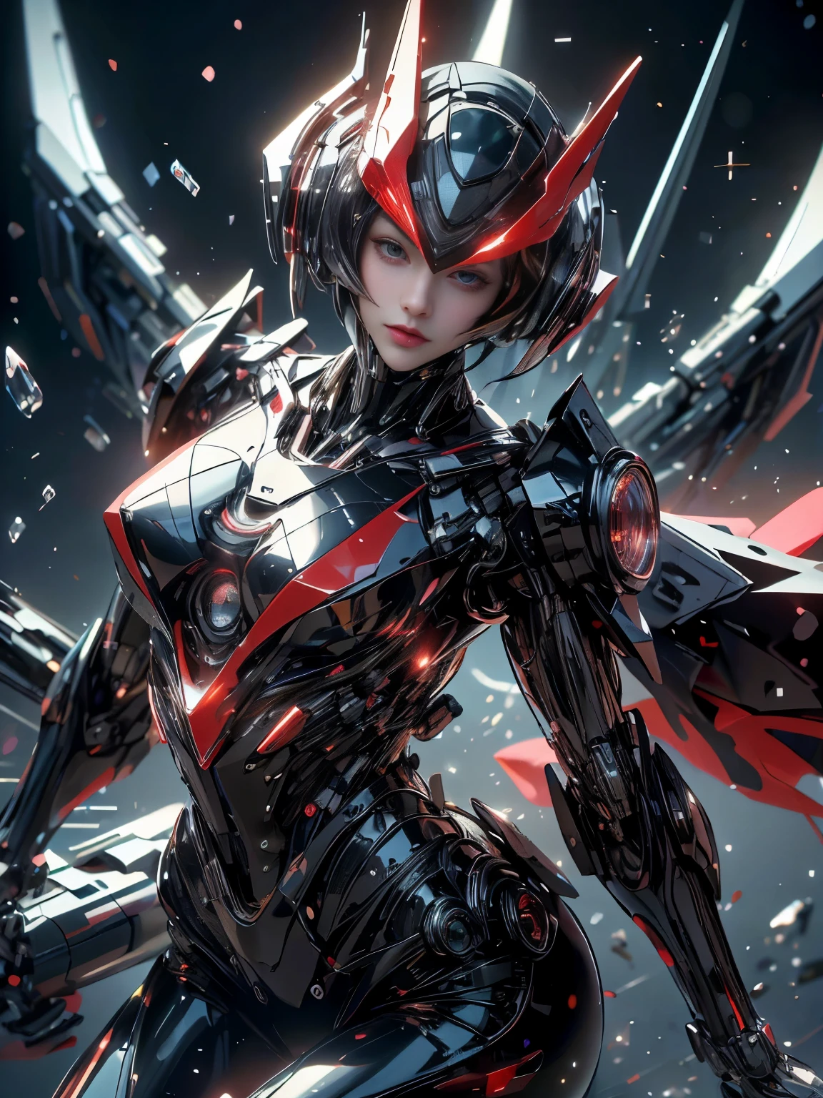 best image quality, excellent details, ultra high resolution, (realism: 1.6), best illustrations, Favor details, condensed 1girl, With a delicate and beautiful face, (Dressed in a black and red mecha),((wearing a Mechanical helmet )), Accurately express details such as faces and skin textures,((beautiful face and eyes)), (short hair),full body,slender body shape,alone,medium breast,The background is a high-tech lighting scene of a futuristic city.