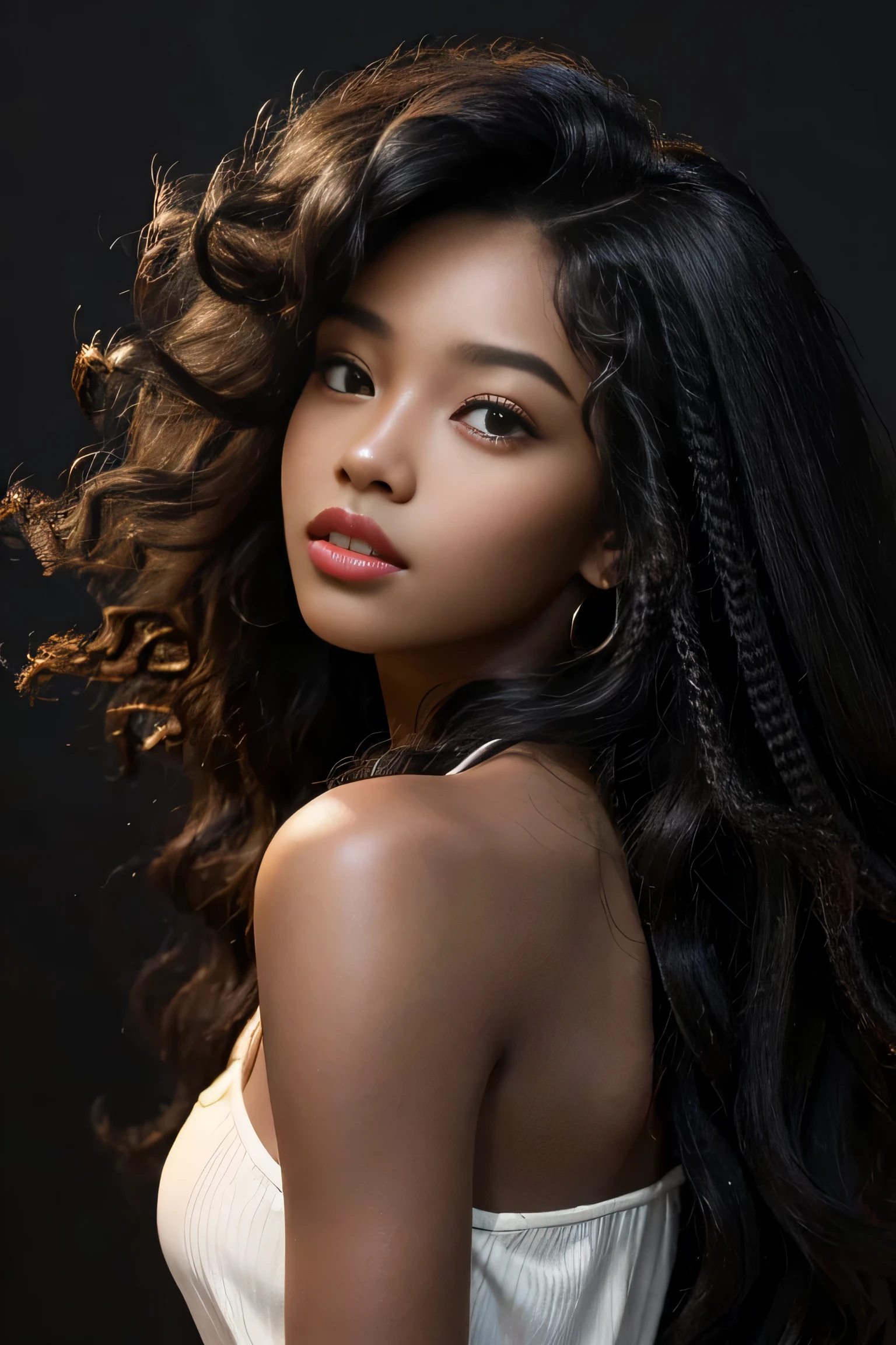 masterpiece, best quality, beautiful black and Asian mixed 19 year old, ebony skin female, long, frizzy, curly dark hair, perfect face, half body, long hair, 