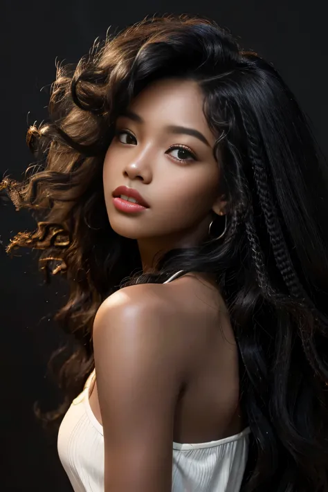 masterpiece, best quality, beautiful black and Asian mixed 19 year old, ebony skin female, long, frizzy, curly dark hair, perfec...