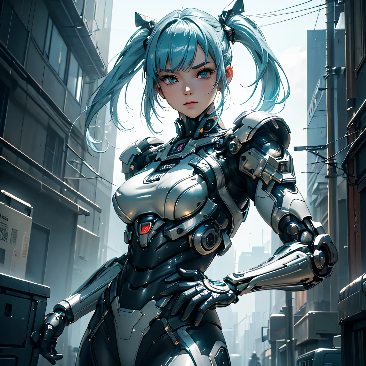 (highest quality、masterpiece)、(Super detailed)、Very detailed CG、8k、unreal engine、3D rendering、beautiful mechanic、((high contrast))、(High chroma)、((very delicate and beautiful))、reflected light、highly detailed background、(cyber punk、machine city、future city)、One is femininely correct))、light blue hair、twin tails、beautiful and delicate hair、(detailed beautiful eyes、detailed beautiful face)、highly detailed skin、gloves、Metallic Cybersuit、((cowboy shot))、action pose、fighting pose