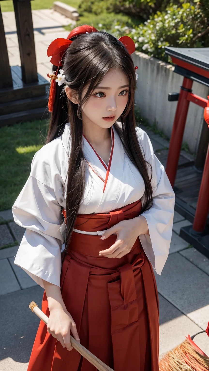 {{there is one woman in shrine}},masterpiece,8K,photorealistic,realistic skin,(very long hair),blush,(shrine maiden,top is (white) yukata,bottom is (red hakama):1.4), little smile,correct_anatomy,full body, (sweep with a broom in shrine:1.6),sun lighting,dramatic lighting,(look up:1.5)