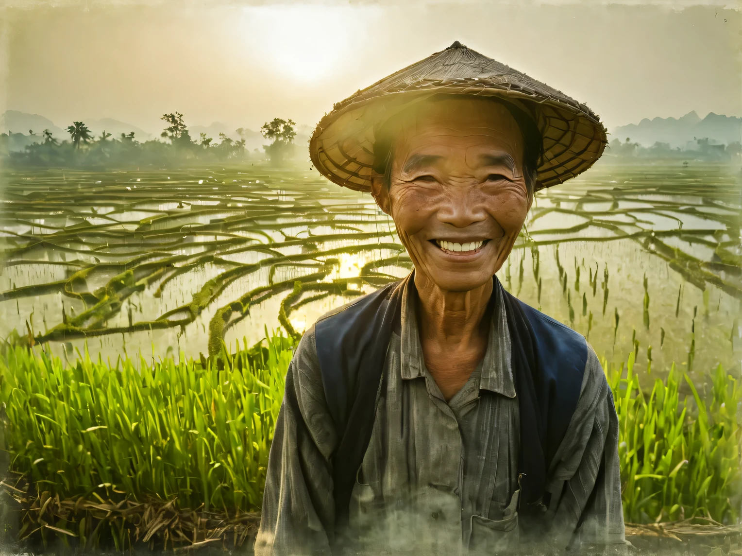 фотография с двойной экспозицией, Китайский старый рисовый фермер улыбается, вторая экспозиция - туманные рисовые поля в утреннем свете, (двойная экспозиция:1.5055)