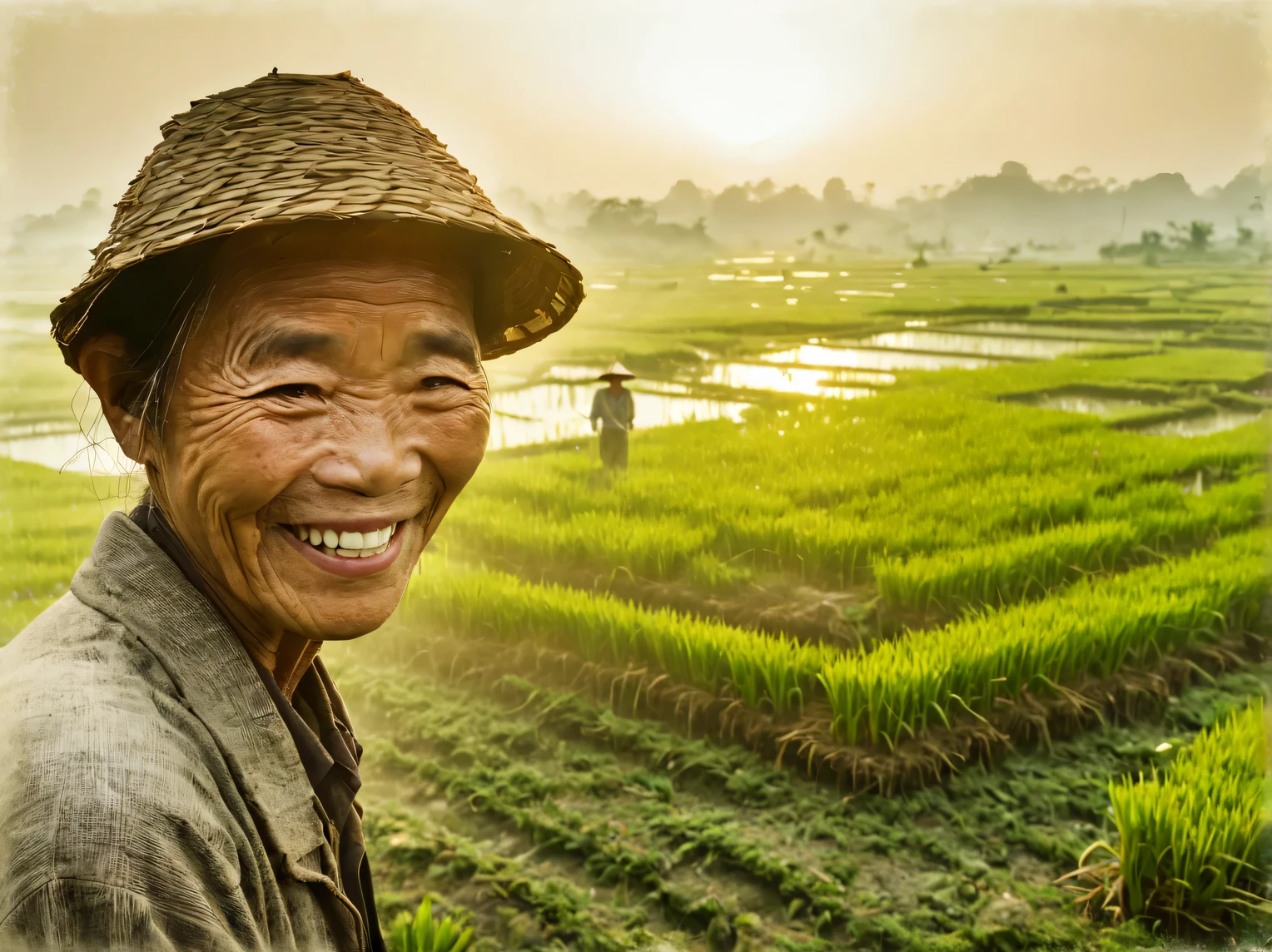fotografia de dupla exposição, Velho agricultor de arroz chinês sorrindo, segunda exposição - campos de arroz enevoados à luz da manhã, (Dupla exposição:1.5055)