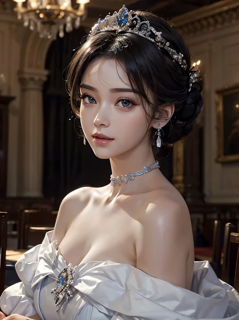 ((masterpiece、highest quality、Super detailed、High resolution、realistic、sharp focus、cinematic lighting))、(1 girl)、bust shot、face light、high contrast、(black hair、high top fade、bun hair)、beautiful hairstyle、beautiful face、beautiful eyes、heavy makeup、big smile、Detailed depiction of hands、Blue Off Shoulder Long Dress、silver tiara、Silver Choker、earrings、inside the palace、((look forward、view audience))、perfect eyes