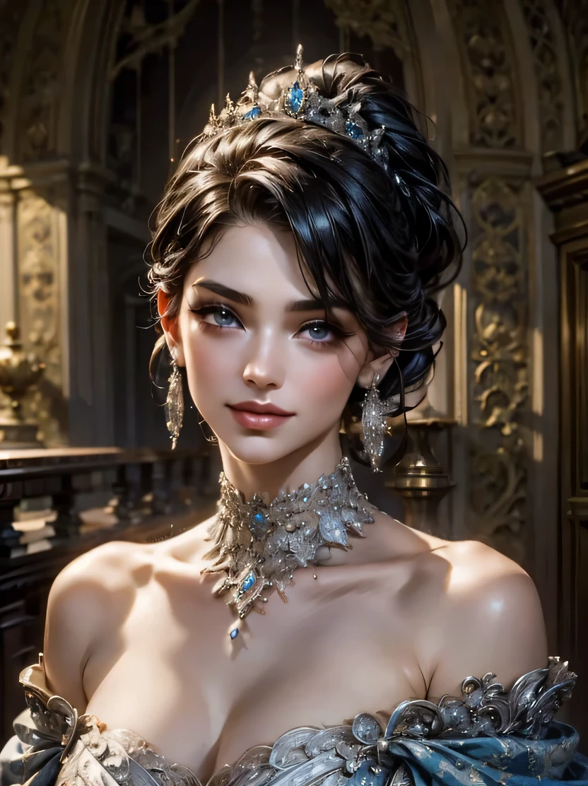 ((masterpiece、highest quality、Super detailed、High resolution、realistic、sharp focus、cinematic lighting))、(1 girl)、bust shot、face light、high contrast、(black hair、high top fade、bun hair)、beautiful hairstyle、beautiful face、beautiful eyes、heavy makeup、big smile、Detailed depiction of hands、Blue Off Shoulder Long Dress、silver tiara、Silver Choker、earrings、inside the palace、((look forward、view audience))、perfect eyes