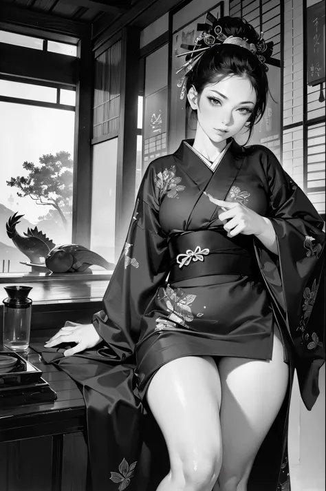 Umalinda warrior sexy, pretty face, Delicious Company, Alluring figure, Wearing a sexy open kimono. The artwork is created in a ...