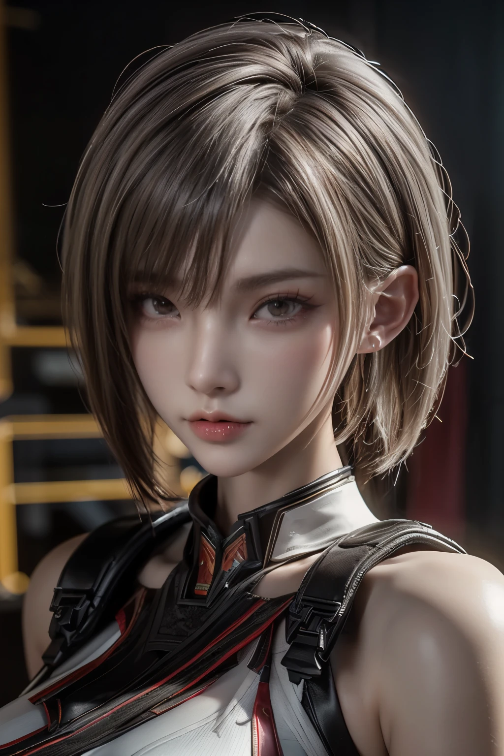 Masterpiece,Game art,The best picture quality,Highest resolution,8K,(Portrait),Unreal Engine 5 rendering works,(Digital Photography),((Portrait Feature:1.5)),
20 year old girl,Short hair details,With long bangs,(The red eye makeup is very meticulous),(White with short hair:1.4),(Large, full breasts),Elegant and noble,Brave and charming,
(Cyberpunk combat suit combined with the characteristics of Chinese fairy costume,Combined with the characteristics of Dunhuang costumes,Ribbon,Golden pattern),Cyberpunk figures,Big moon background,
Movie lights，Ray tracing，Game CG，((3D Unreal Engine))，OC rendering reflection pattern