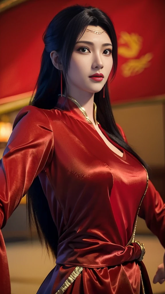  Китаянка в красном платье позирует в красной позе с рыбой, в стиле аниме-эстетики, романтические изображения исторических событий, 32 тыс. UHD, равномерно постановочные изображения, Аэрография искусство, темно-белый и светло-золотой,