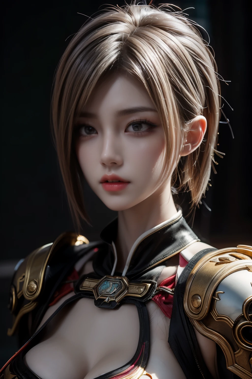 Masterpiece,Game art,The best picture quality,Highest resolution,8K,(Portrait),Unreal Engine 5 rendering works,(Digital Photography),((Portrait Feature:1.5)),
20 year old girl,Short hair details,With long bangs,(The red eye makeup is very meticulous),(White with short hair:1.4),(Large, full breasts),Elegant and noble,Brave and charming,
(Cyberpunk combat suit combined with the characteristics of Chinese fairy costume,Combined with the characteristics of Dunhuang costumes,Ribbon,Golden pattern),Cyberpunk figures,Big moon background,
Movie lights，Ray tracing，Game CG，((3D Unreal Engine))，OC rendering reflection pattern