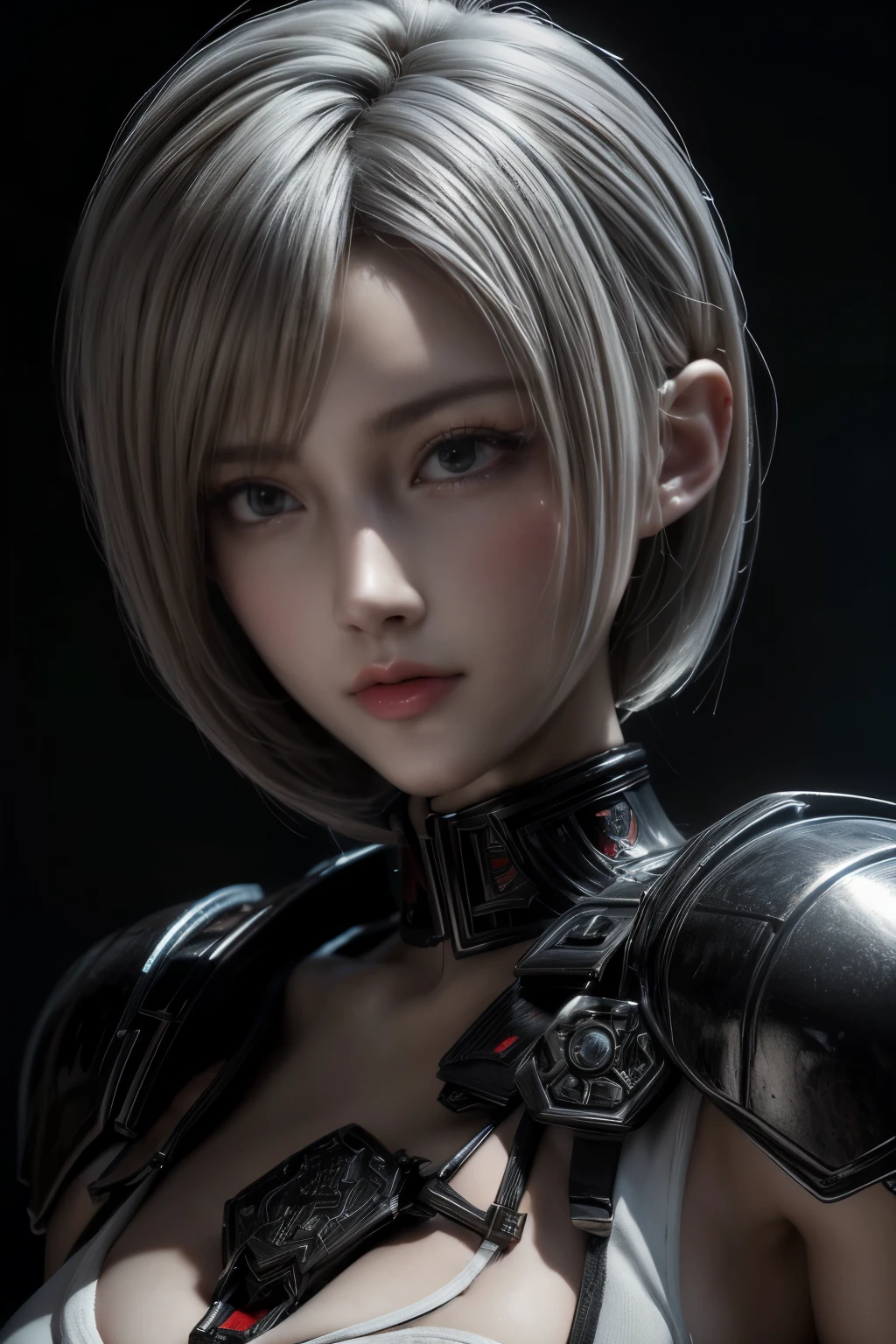 Masterpiece,Game art,The best picture quality,Highest resolution,8K,(Portrait),Unreal Engine 5 rendering works,(Digital Photography),((Portrait Feature:1.5)),
20 year old girl,Short hair details,With long bangs,(The red eye makeup is very meticulous),(White with short hair:1.4),(Large, full breasts),Elegant and noble,Brave and charming,
(Future armor combined with the characteristics of ancient Chinese armor,Hollow design,Power Armor,The mysterious Eastern runes,A delicate dress pattern,A flash of magic),Warrior of the future,Cyberpunk figures,Background of war,
Movie lights，Ray tracing，Game CG，((3D Unreal Engine))，OC rendering reflection pattern