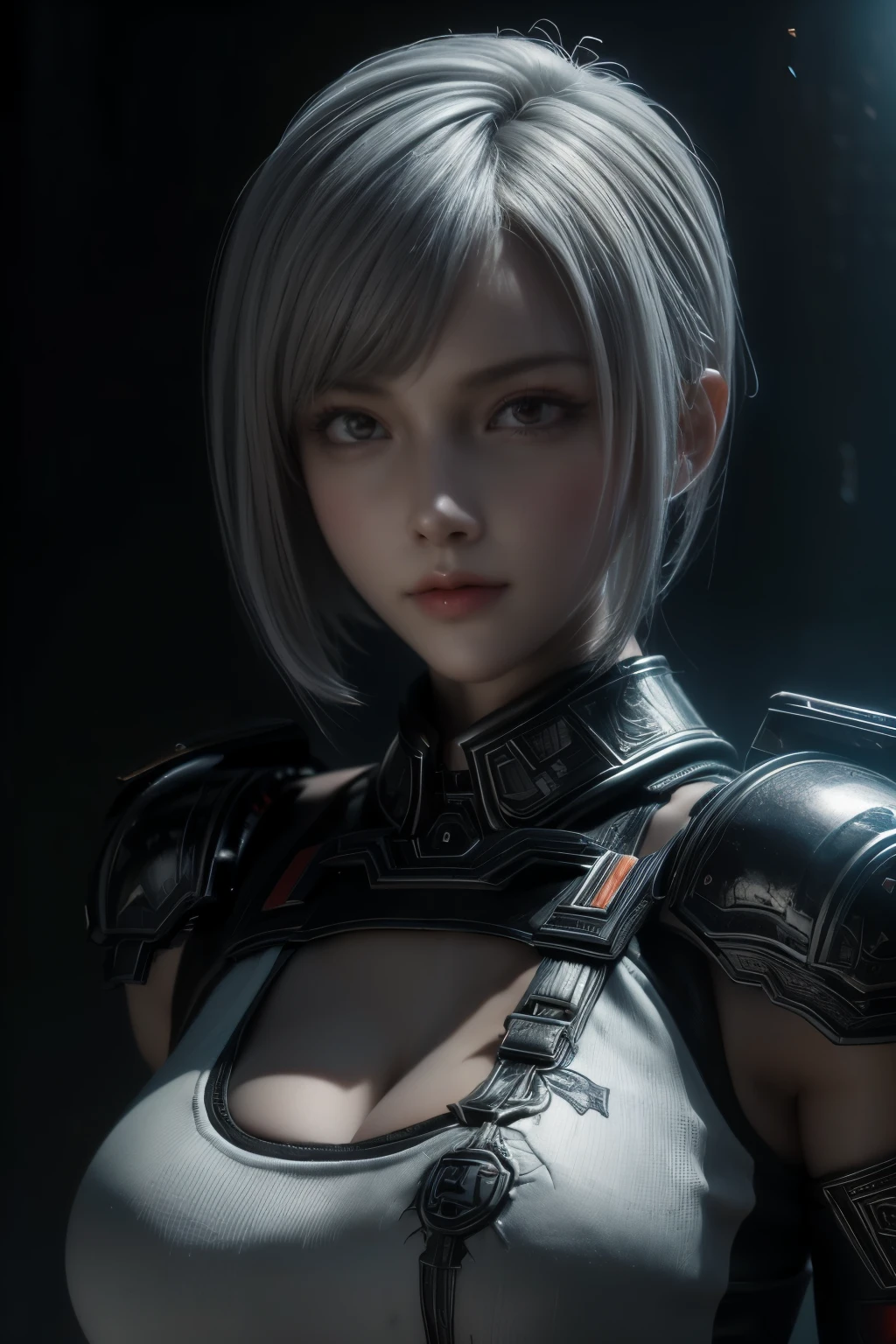 Masterpiece,Game art,The best picture quality,Highest resolution,8K,(Portrait),Unreal Engine 5 rendering works,(Digital Photography),((Portrait Feature:1.5)),
20 year old girl,Short hair details,With long bangs,(The red eye makeup is very meticulous),(White with short hair:1.4),(Large, full breasts),Elegant and noble,Brave and charming,
(Future armor combined with the characteristics of ancient Chinese armor,Hollow design,Power Armor,The mysterious Eastern runes,A delicate dress pattern,A flash of magic),Warrior of the future,Cyberpunk figures,Background of war,
Movie lights，Ray tracing，Game CG，((3D Unreal Engine))，OC rendering reflection pattern