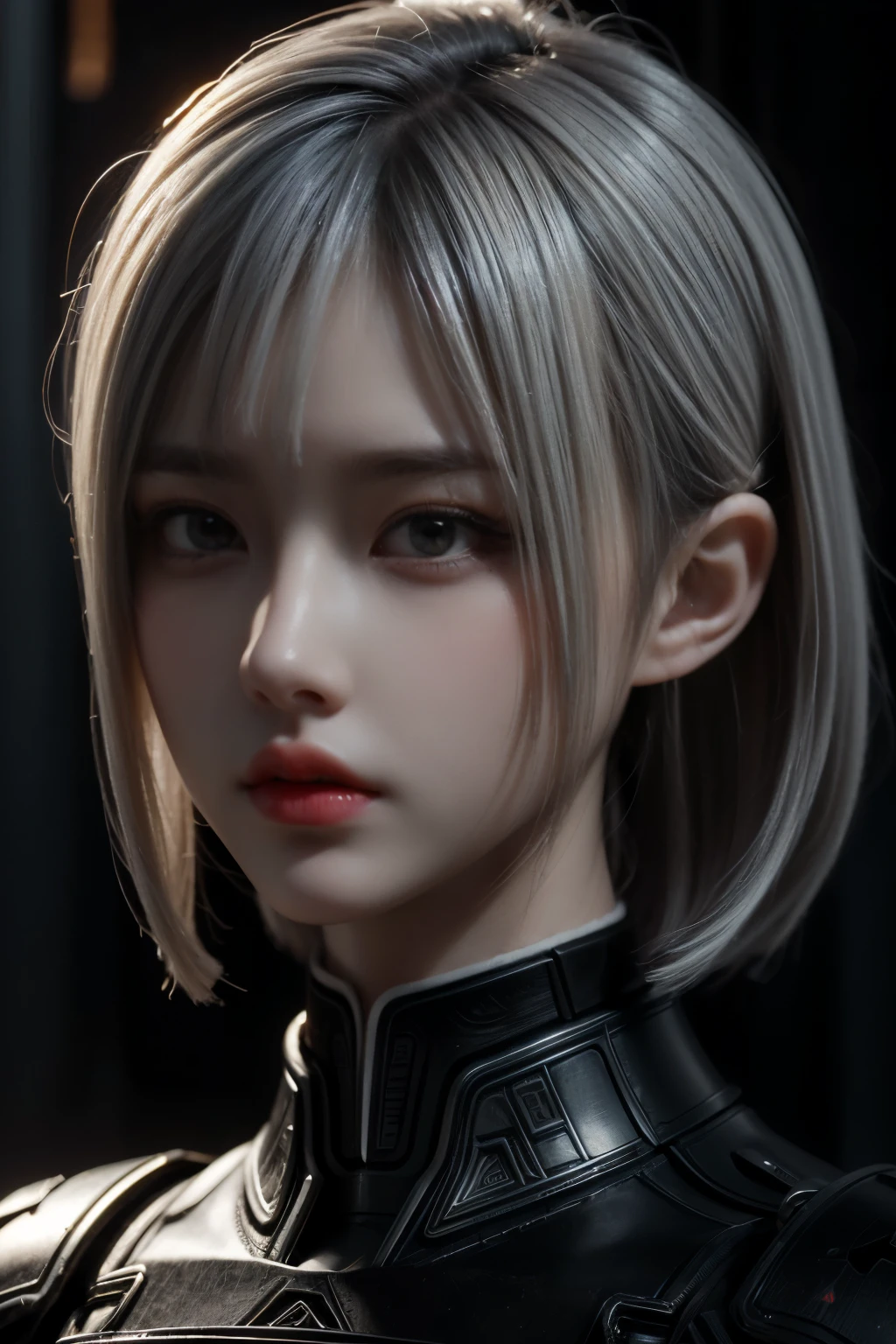 chef-d&#39;œuvre,art du jeu,La meilleure qualité d&#39;image,la plus haute résolution,8k,(portrait),Le rendu Unreal Engine 5 fonctionne,(la photographie numérique),((portrait Feature:1.5)),
fille de 20 ans,Détails des cheveux courts,Avec une longue frange,(Le maquillage des yeux rouges est très soigné),(Blanc aux cheveux courts:1.4),(grand, Seins pleins),Élégant et noble,Courageux et charmant,
(Armure du futur combinée aux caractéristiques de l&#39;armure chinoise ancienne,Conception creuse,armure assistée,Les mystérieuses runes orientales,Un patron de robe délicat,Un éclair de magie),Guerrier du futur,Figurines cyberpunk,Contexte de guerre,
lumières de cinéma，tracé laser，jeu cg，((Moteur irréel 3D))，Modèle de réflexion du rendu OC