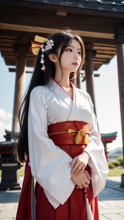 {{there is one standing woman in shrine}},masterpiece,8K,(photo realistic),realistic skin,(very long hair),blush,(shrine maiden,...