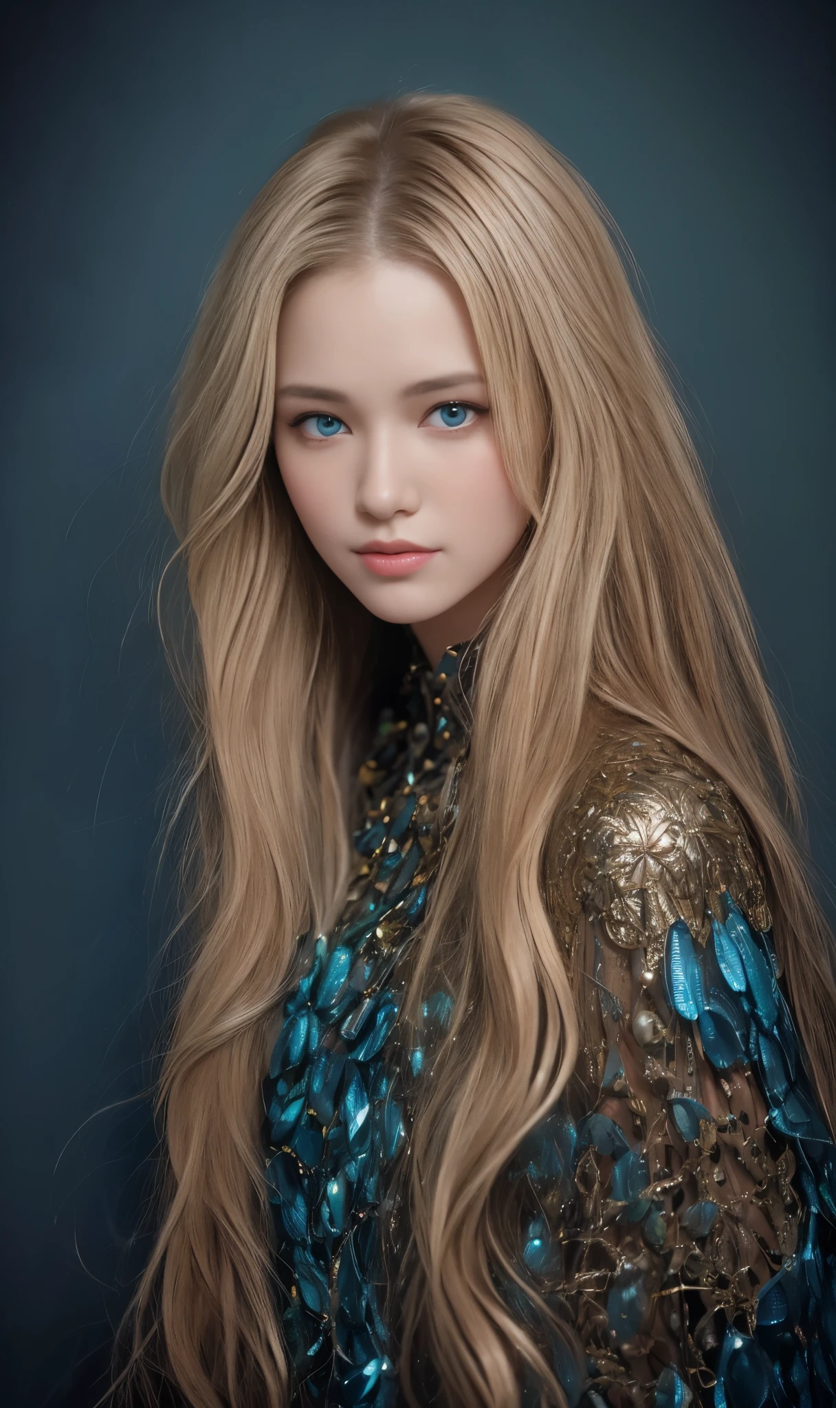 Schöne Supermodel-Frau mit blonden Haaren, eine Haarlocke mit einem leichten Highlight, Blaugraue Augen, gemischtes Medium, ungetrocknete Farbe, Juwelenkäfer, farbiger Hintergrund, flüssige Farbe fließt über ihr Gesicht, fotografiert von Jingna Chang. --um 6