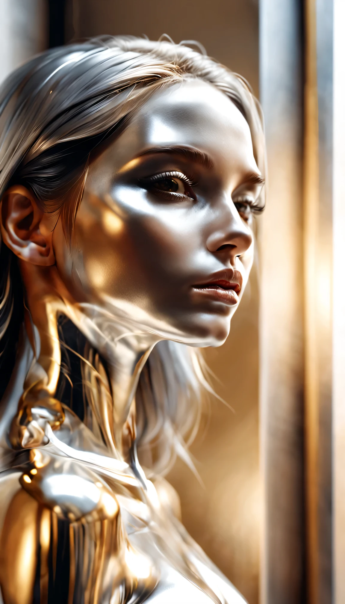 silver face、Detailed shot of a realistic girl&#39;profile, silver skin、Highly Polished Silver Eyed, platinum and gold, Beautiful silver face and eyes, With golden ratio composition, In an empty room with a large window that lets in warm light..,sitting、 16k, Hmm