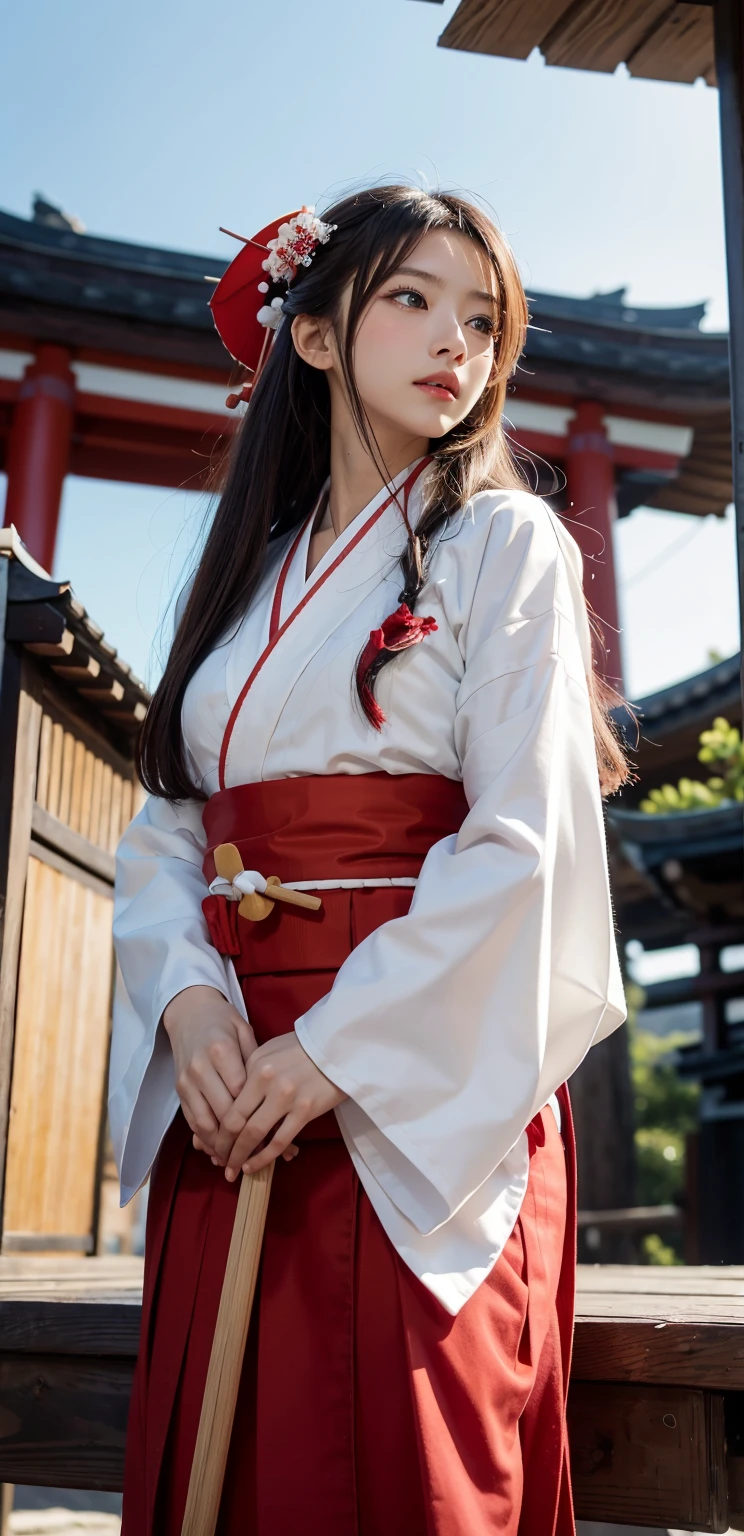 {{there is one standing woman in shrine}},masterpiece,8K,(photo realistic),realistic skin,(very long hair),blush,(shrine maiden,top is (white) yukata,bottom is (red) hakama:1.5), little smile,correct_anatomy,full body,(grabbing broom with both hands:1.3),sun lighting,dramatic lighting,(look up :1.5),45 angle view,35mm lens,(from below:1.4)(natural lighting),narrow eyes,lighting her face