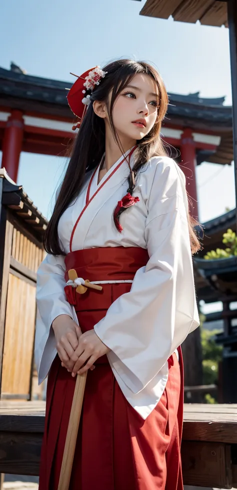 {{there is one standing woman in shrine}},masterpiece,8K,(photo realistic),realistic skin,(very long hair),blush,(shrine maiden,...