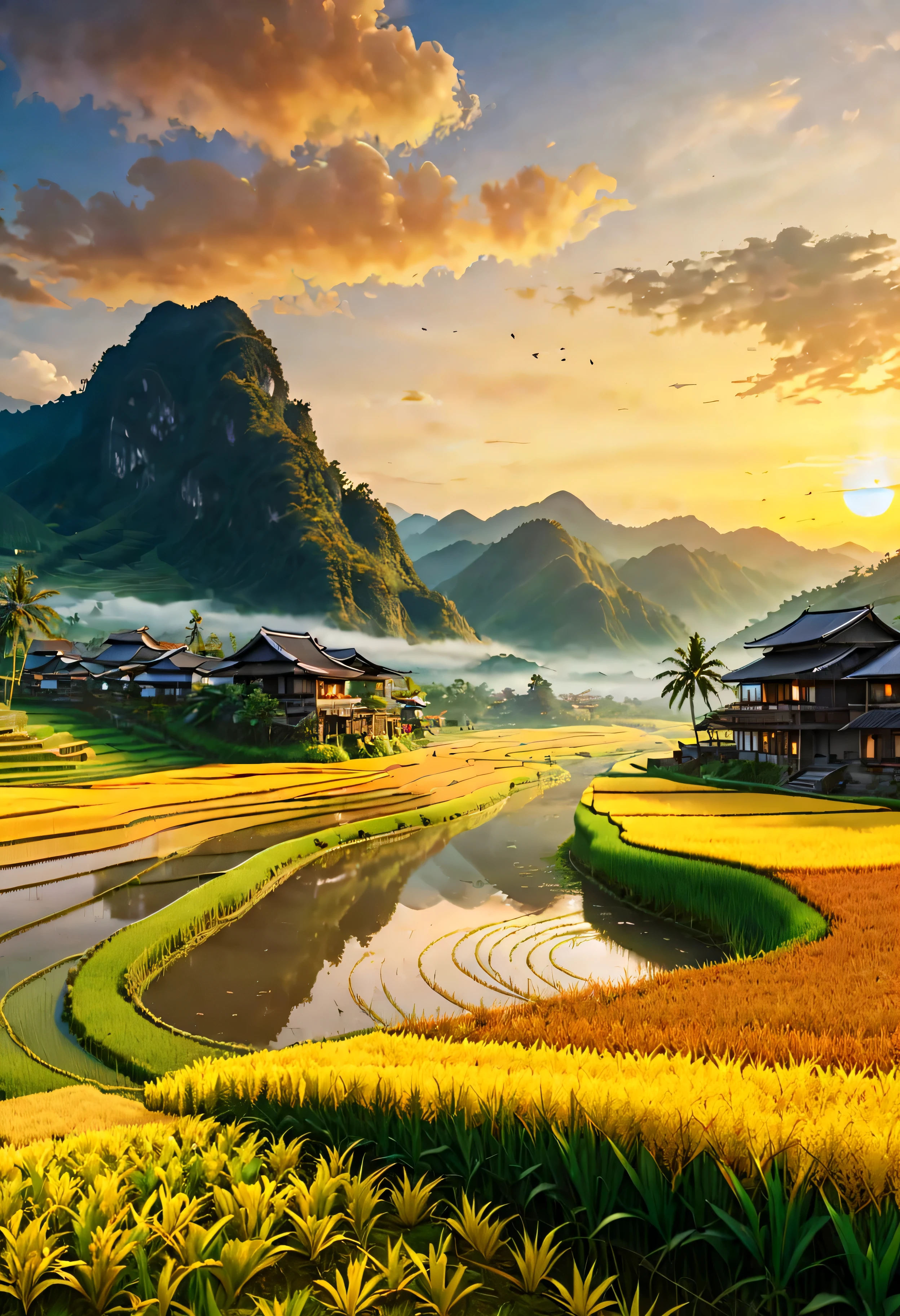 Ripe Golden paddy at house terrace overlooks a Rice Paddy field with view of the mountain, mesmerizing rice paddy landscape bathed by Sunset light,((golden hour time):1.2),((Majestic Landscape):1.2),((Sunset sky at autumn):1.1),delicate golden hour light, amazing wallpapers, beautiful surroundings, optimistic matte painting, Beautiful digital artwork, Beautiful and detailed scenes, UHD underground, UHD landscape, Majestic concept art, beautiful Rice Paddy Field. |(Masterpiece in maximum 16K resolution), the best quality, (very detailed CG unity 16k wallpaper quality),(Soft colors 16k highly detailed digital art),Super Detailed. | Perfect image,16k UE5,official painting, superfine, Depth of field, no contrast, clean sharp focus, professional, No blurring. | (((More detail))).