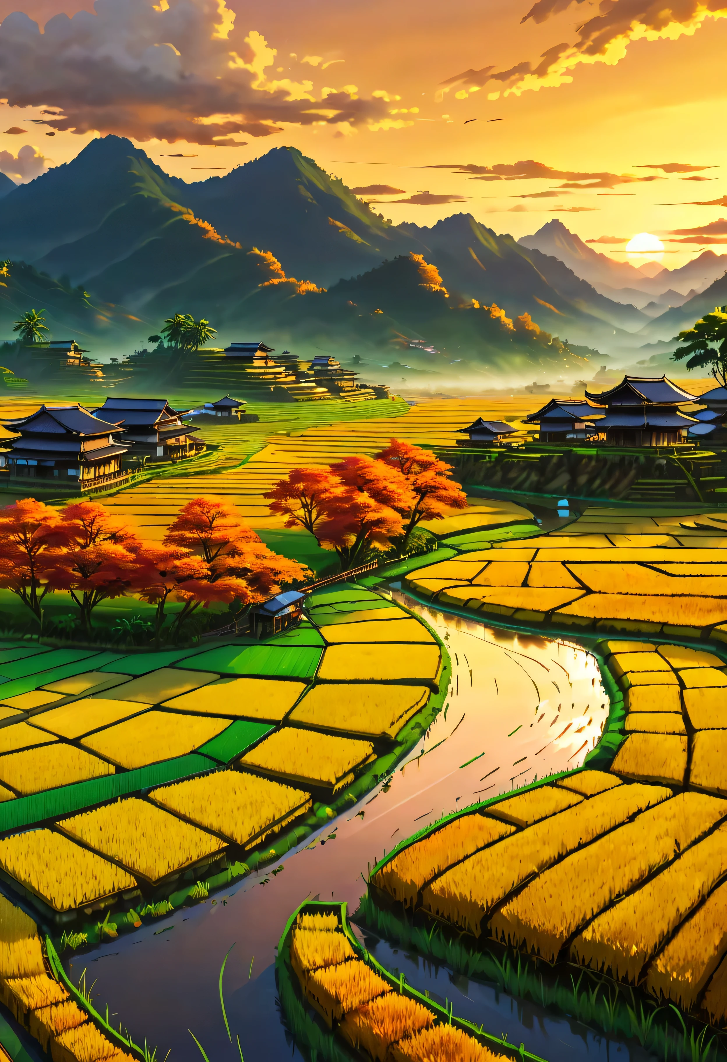 Arrozal dourado maduro no terraço da casa com vista para um campo de arroz com vista para a montanha, hipnotizante paisagem de arrozais banhada pela luz do pôr do sol,((hora de ouro):1.2),((paisagem majestosa):1.2),((Céu do pôr do sol no outono):1.1),delicada luz dourada da hora, papéis de parede incríveis, belos cenários, pintura fosca otimista, linda arte digital, Cenas lindas e detalhadas, Subterrâneo UHD, Paisagem UHD, Arte conceitual majestosa, lindo campo de arroz. |(Obra-prima em resolução máxima de 16K), a melhor qualidade, (qualidade de papel de parede 16k de unidade CG muito detalhada),(Cores suaves 16k arte digital altamente detalhada),Super detalhado. | imagem perfeita,16k UE5,pintura oficial, superfino, profundidade de campo, sem contraste, Foco nítido e limpo, profissional, Sem desfoque. | (((Mais detalhes))).